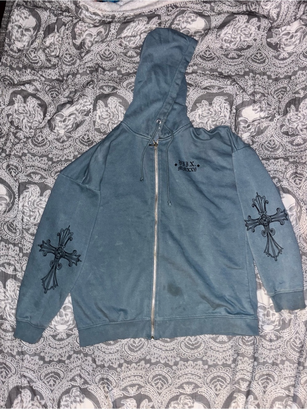 Blue Zip-Up Hoodie with Cross Sleeve Graphics